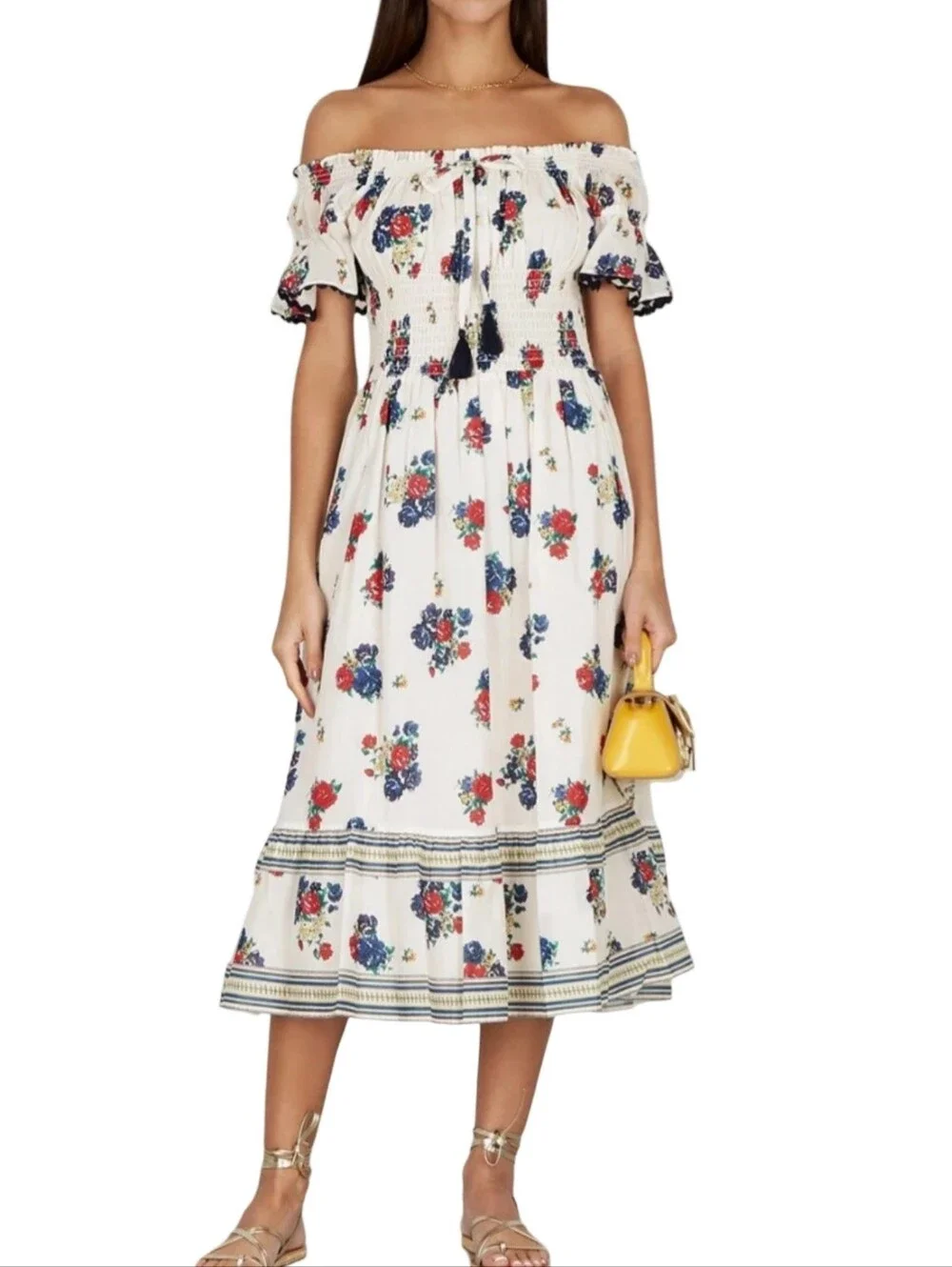 Tory Burch Meadow Folly Cotton Voile Midi Dress with a red and blue floral print